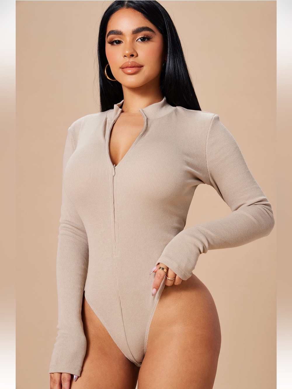 Fashion Nova Grind Time Beyond Long Sleeve Bodysuit in Nude